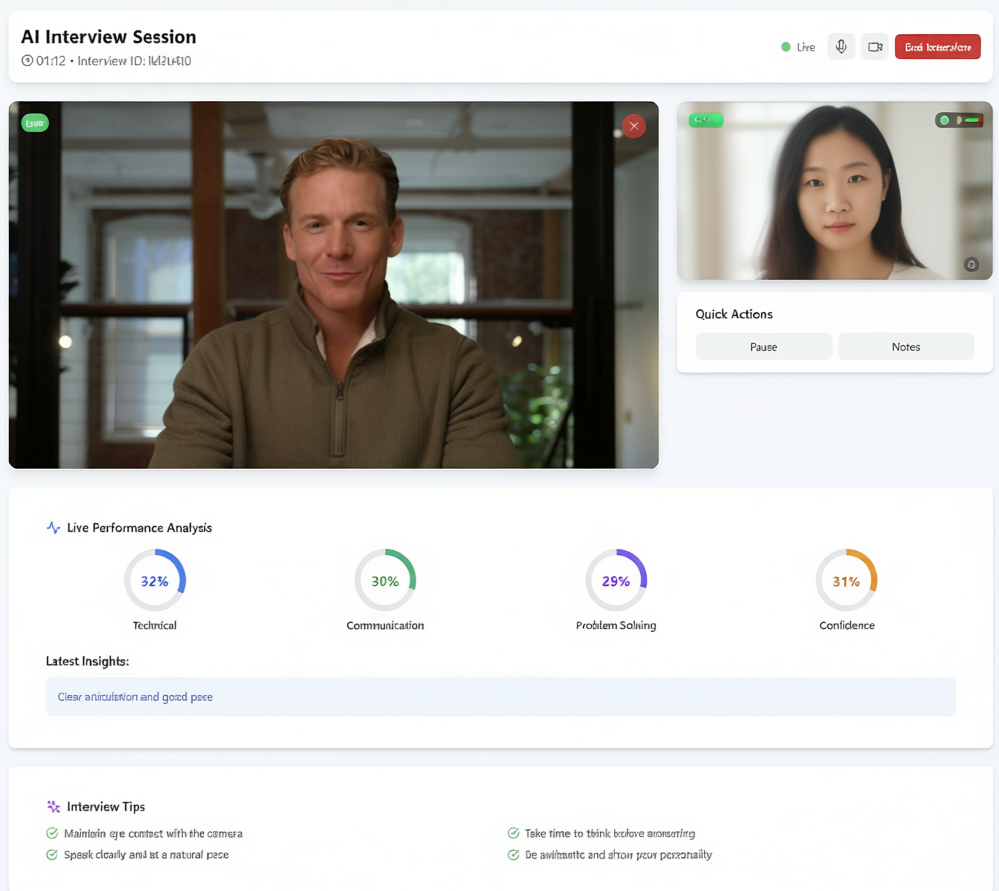 TeamoAI Interview Interface - AI-powered video interview session with live performance analysis
